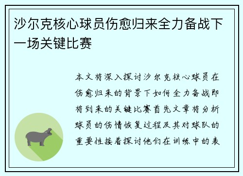 沙尔克核心球员伤愈归来全力备战下一场关键比赛