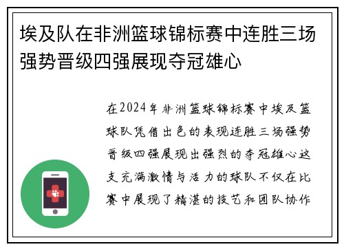 埃及队在非洲篮球锦标赛中连胜三场强势晋级四强展现夺冠雄心