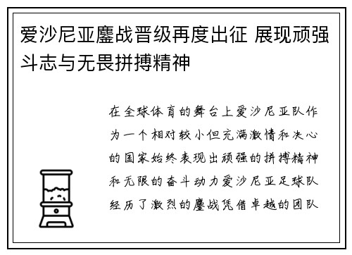 爱沙尼亚鏖战晋级再度出征 展现顽强斗志与无畏拼搏精神