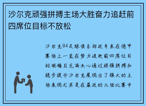 沙尔克顽强拼搏主场大胜奋力追赶前四席位目标不放松