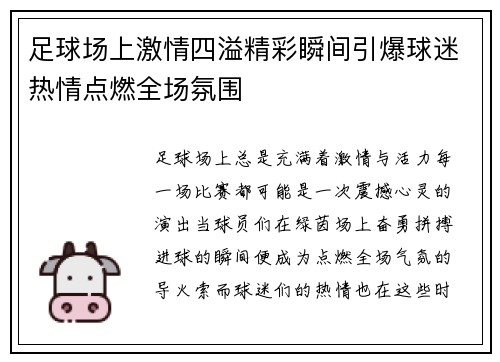 足球场上激情四溢精彩瞬间引爆球迷热情点燃全场氛围