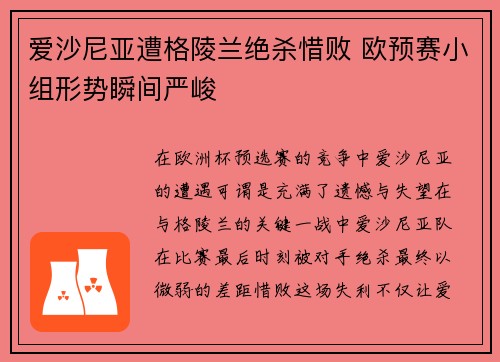 爱沙尼亚遭格陵兰绝杀惜败 欧预赛小组形势瞬间严峻