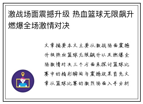 激战场面震撼升级 热血篮球无限飙升燃爆全场激情对决