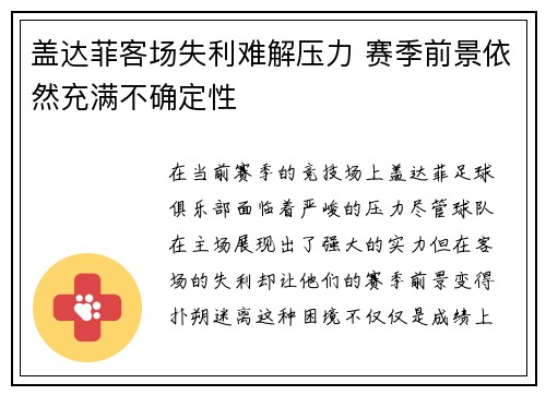 盖达菲客场失利难解压力 赛季前景依然充满不确定性