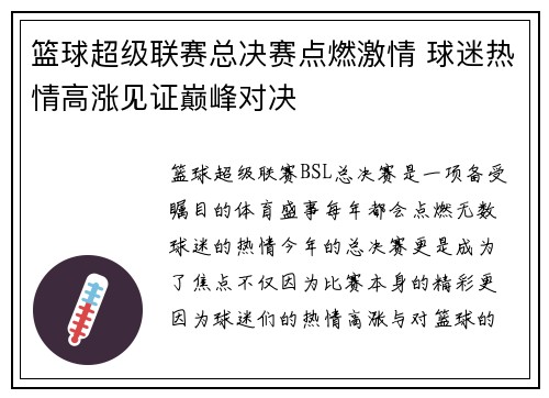 篮球超级联赛总决赛点燃激情 球迷热情高涨见证巅峰对决