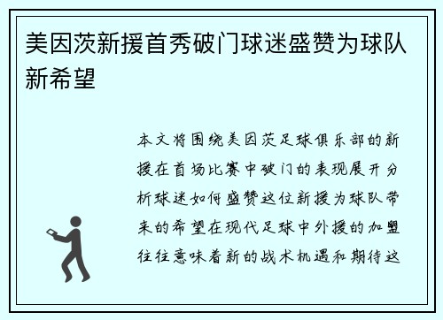 美因茨新援首秀破门球迷盛赞为球队新希望