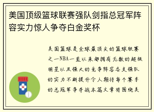 美国顶级篮球联赛强队剑指总冠军阵容实力惊人争夺白金奖杯