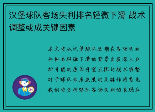 汉堡球队客场失利排名轻微下滑 战术调整或成关键因素