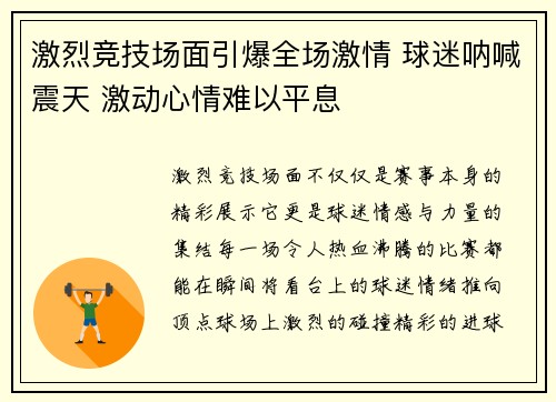 激烈竞技场面引爆全场激情 球迷呐喊震天 激动心情难以平息