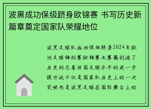 波黑成功保级跻身欧锦赛 书写历史新篇章奠定国家队荣耀地位