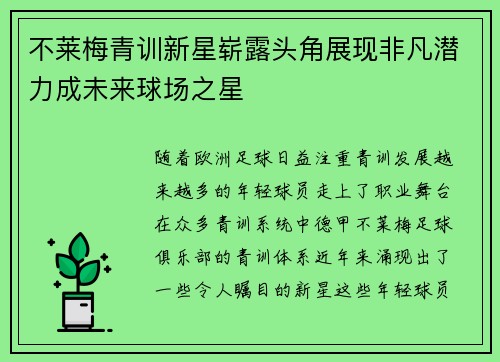 不莱梅青训新星崭露头角展现非凡潜力成未来球场之星
