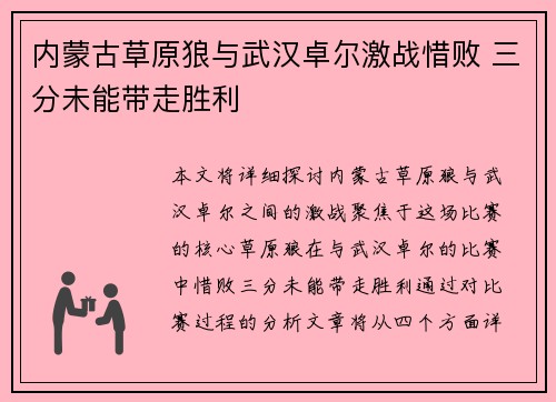 内蒙古草原狼与武汉卓尔激战惜败 三分未能带走胜利