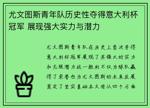 尤文图斯青年队历史性夺得意大利杯冠军 展现强大实力与潜力